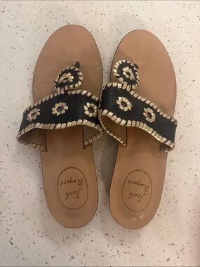 Jack Rogers Black Leather Slide Sandals with Gold Whipstitch